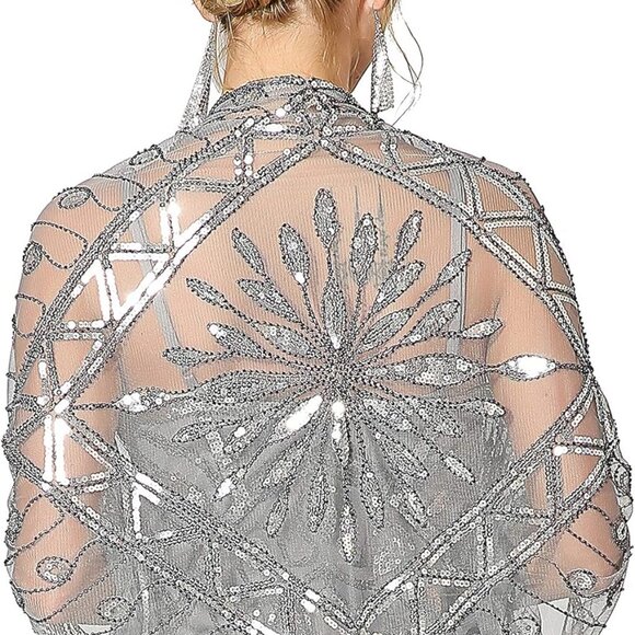 Women's 1920s Scarf Wraps Sequin Deco Fringed Wedding Cape Evening Shawl Vintage - Picture 4 of 6
